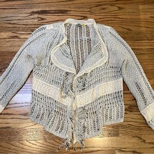 Anthropologie Knitted & Knotted Sz L Crochet Cardigan Cream Embroidery Lace Boho